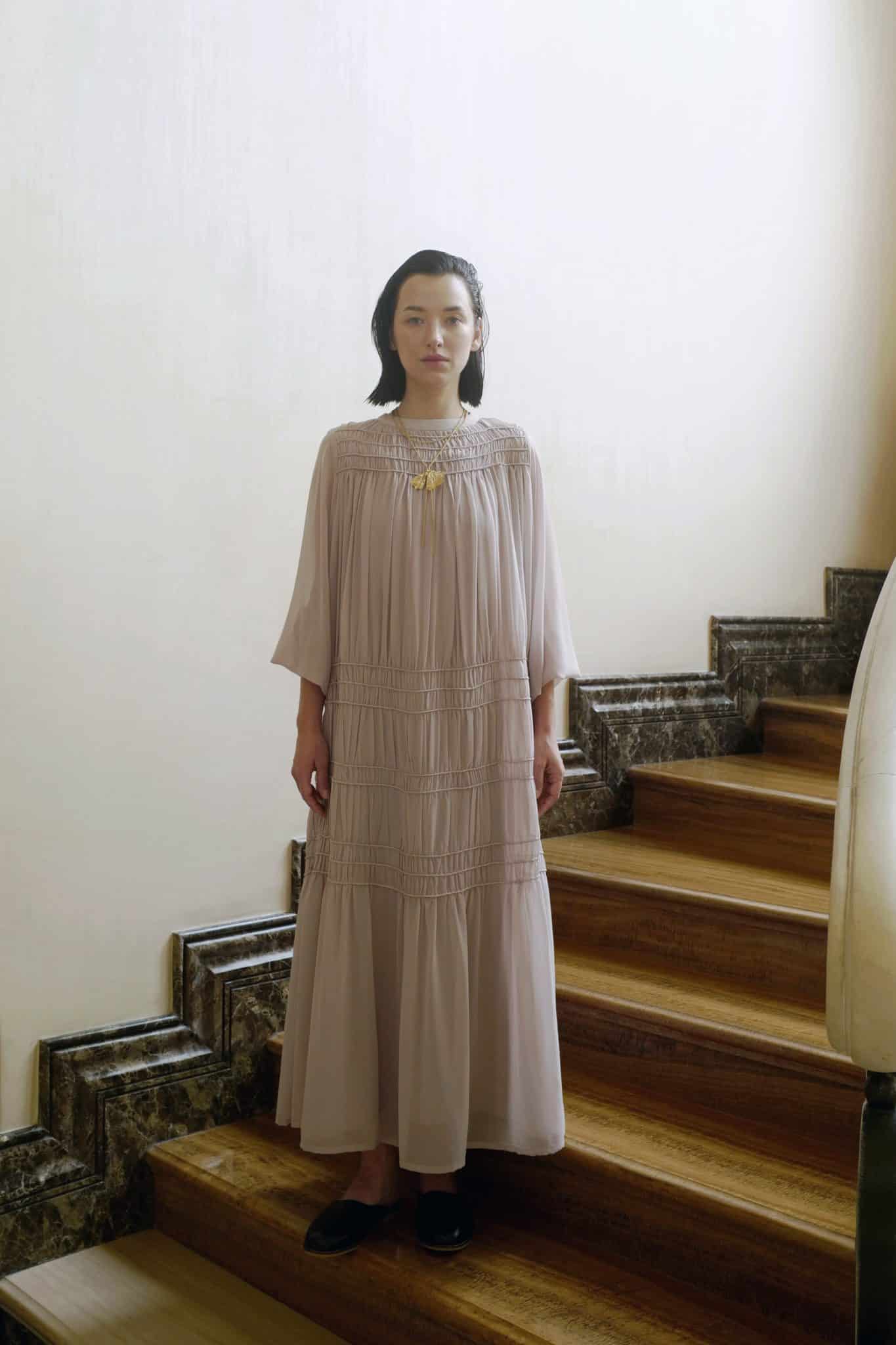 Sharon Shirred See Through Dress in Taupe